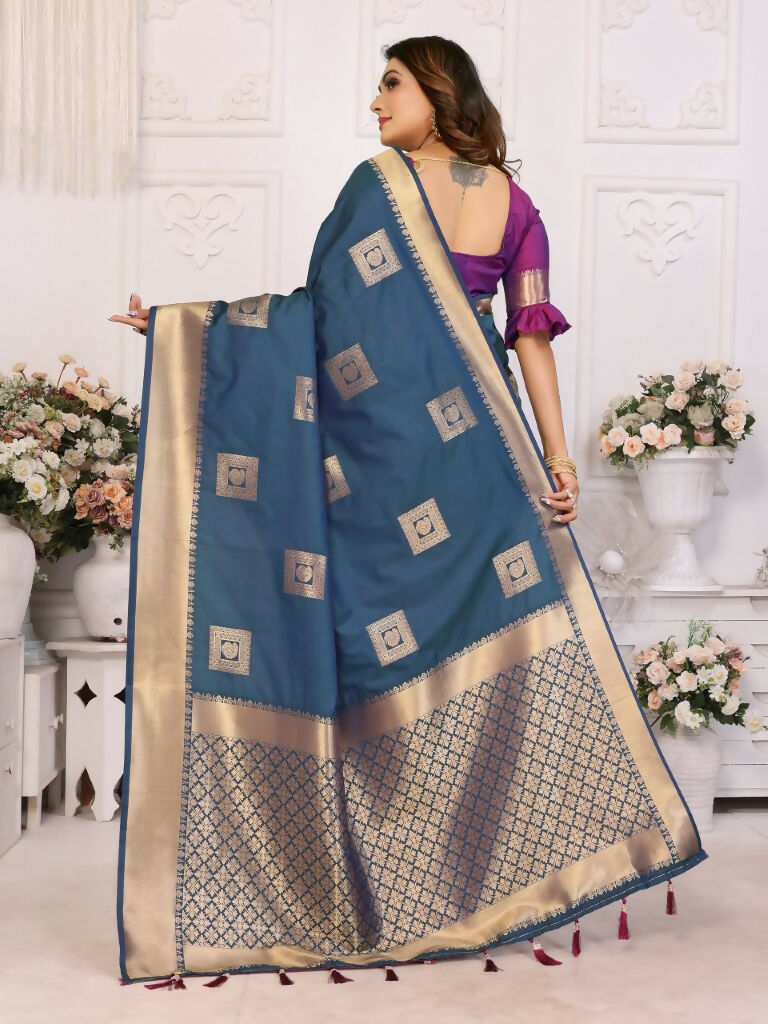 Anaita Navy Blue Soft Silk With Zari Weaving Borders Saree With Blouse | Grocsy