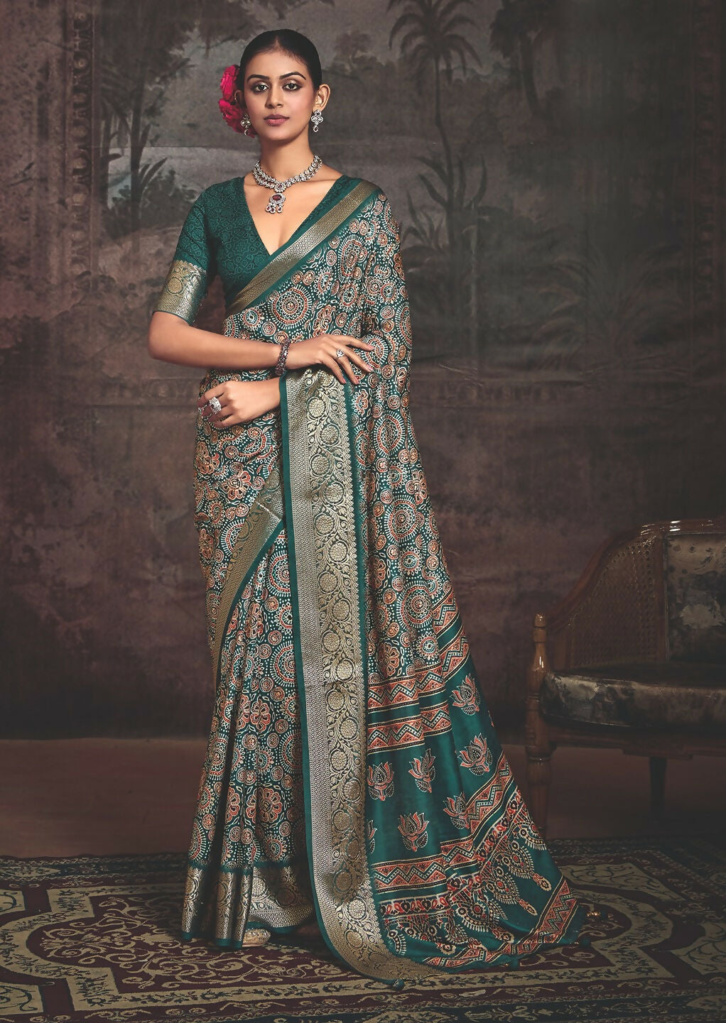 Joban Fashion Teal Green Art Silk With Fine Viscose Border Ajrak Full Body Print With Soft Finish Saree | Grocsy