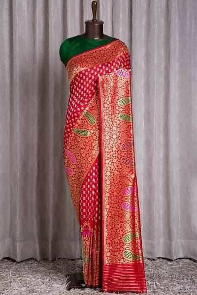 DEIANA'S Beautiful Designer Golden zari Soft Lichi Silk Saree - Red | Grocsy