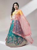 House of Panchhi Teal Pure Georgette Sequinse Work Lehenga & Blouse with Dupatta | Grocsy