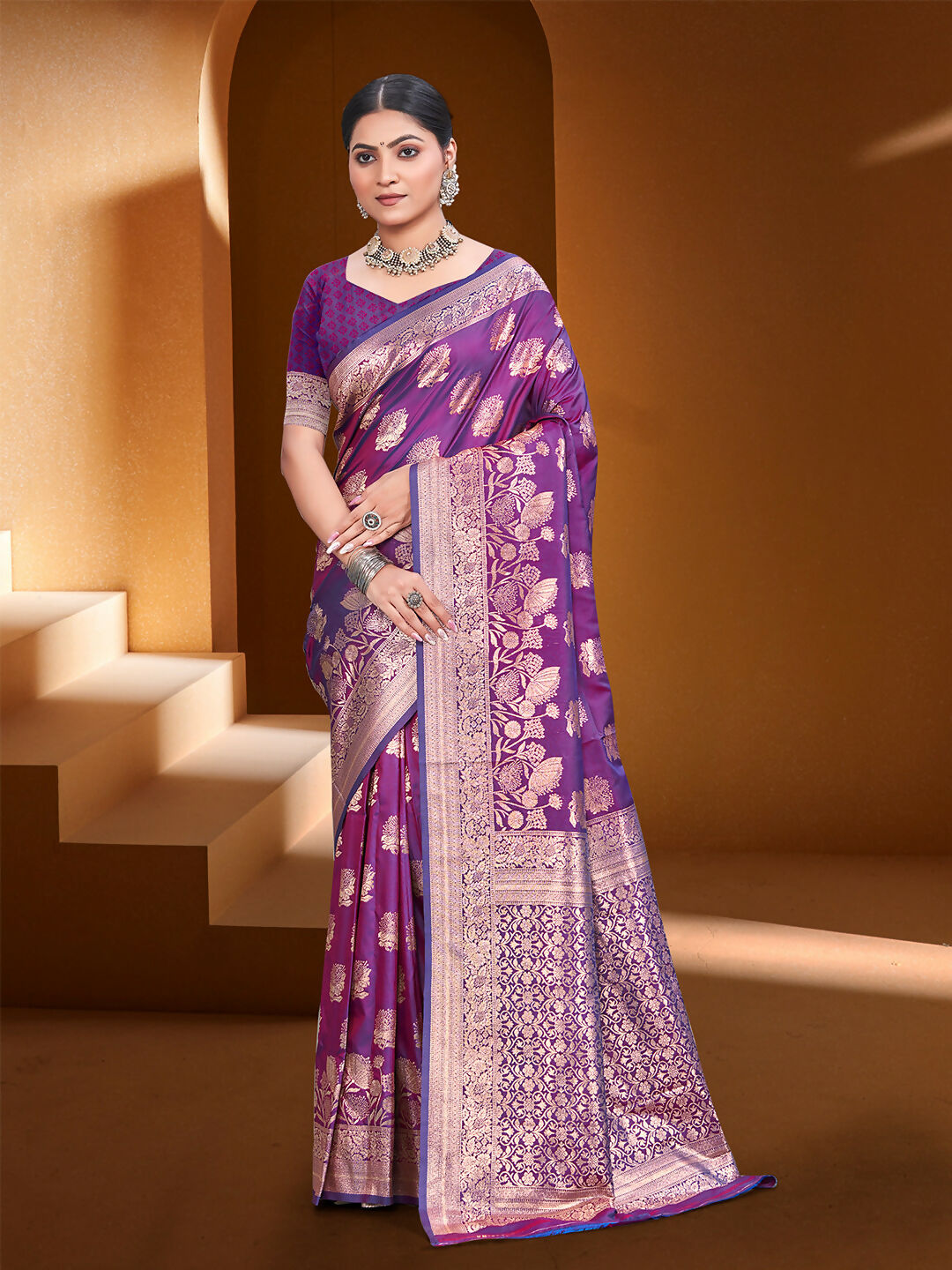 Sangam Prints Purple Silk Woven Work Traditional Saree | Grocsy