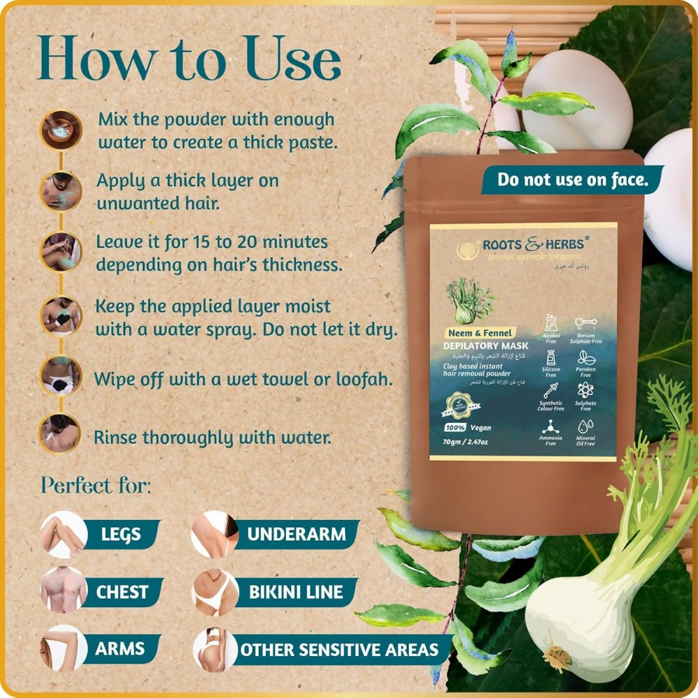 Roots and Herbs Neem and Fennel Depilatory Ubtan for Hair Removal | Grocsy