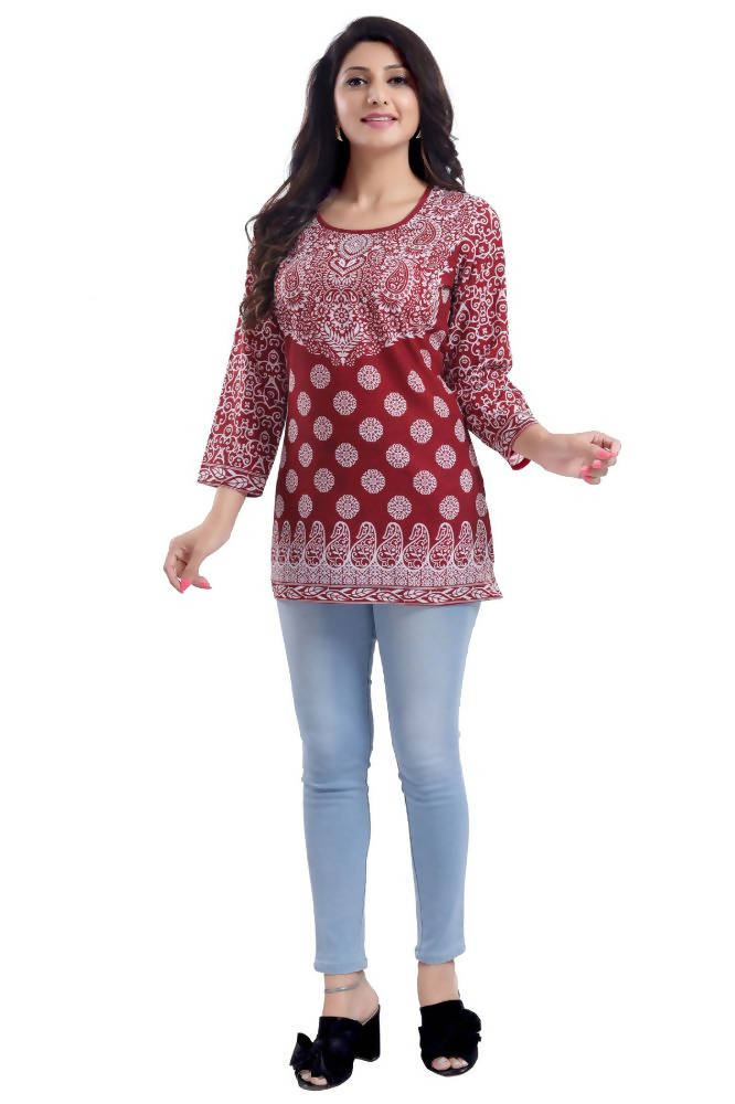 Snehal Creations Rust Faux Crepe Short Kurti Tunic | Grocsy
