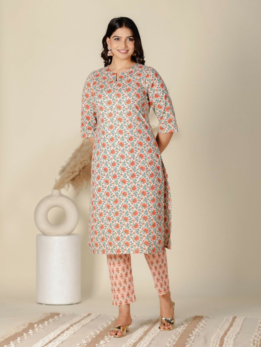 Aramya Orange Soft Cotton Floral Print Straight Kurta Set for Women | Grocsy