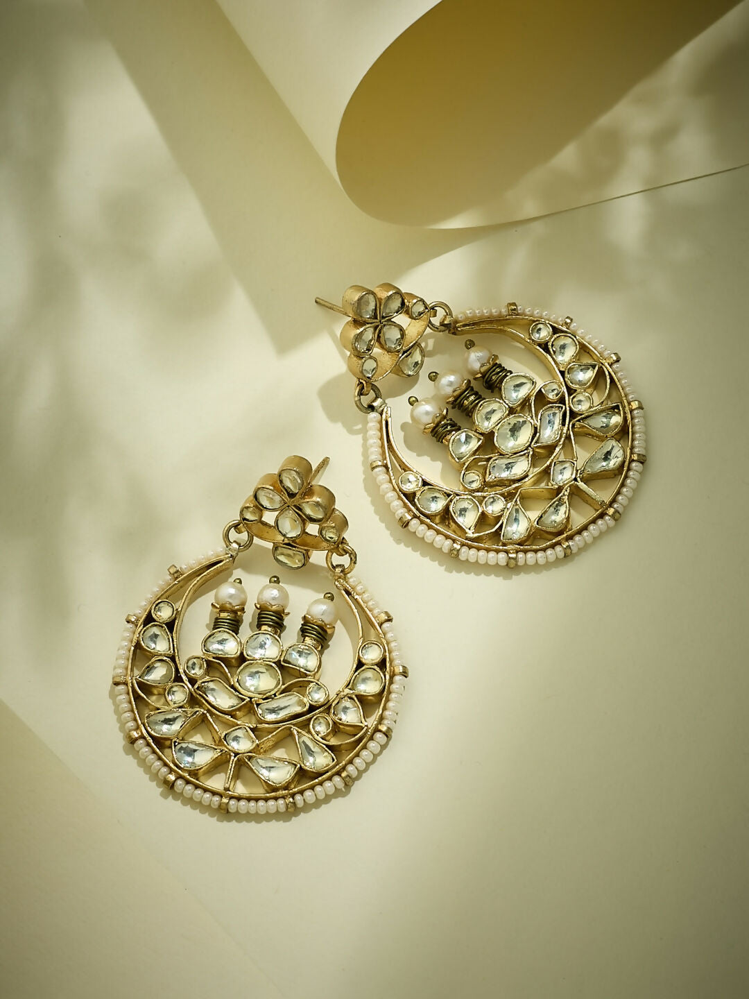 Nuyug 22K Gold-Plated Elegant Kundan Stone Studded & Pearl Beaded Chandbalis | Grocsy
