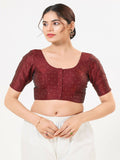 Joban Fashion Dark-Maroon Taffeta Silk Elbow Sleeveless Front Open Blouse | Grocsy