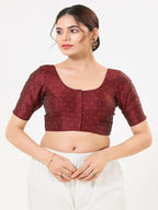 Joban Fashion Dark-Maroon Taffeta Silk Elbow Sleeveless Front Open Blouse | Grocsy