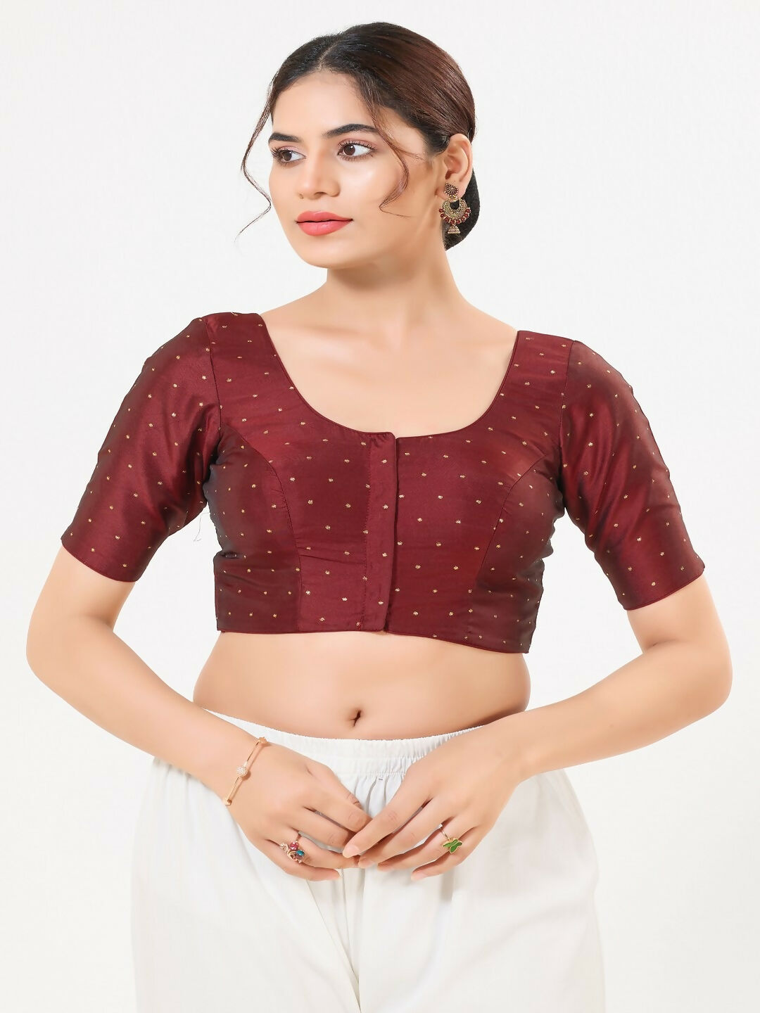 Joban Fashion Dark-Maroon Taffeta Silk Elbow Sleeveless Front Open Blouse | Grocsy