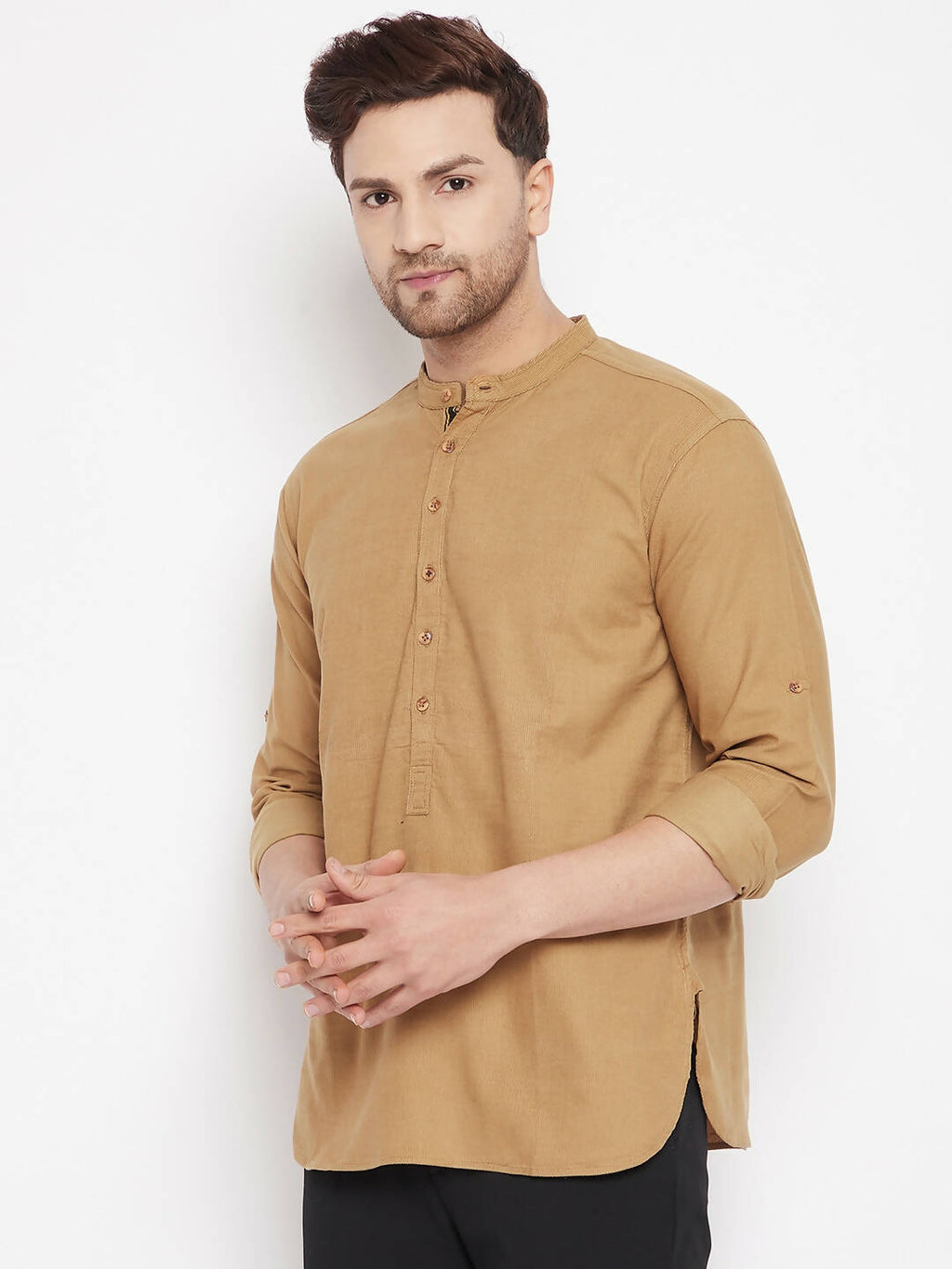 Even Apparels Beige Pure Cotton Short Men's Kurta With Band Collar | Grocsy