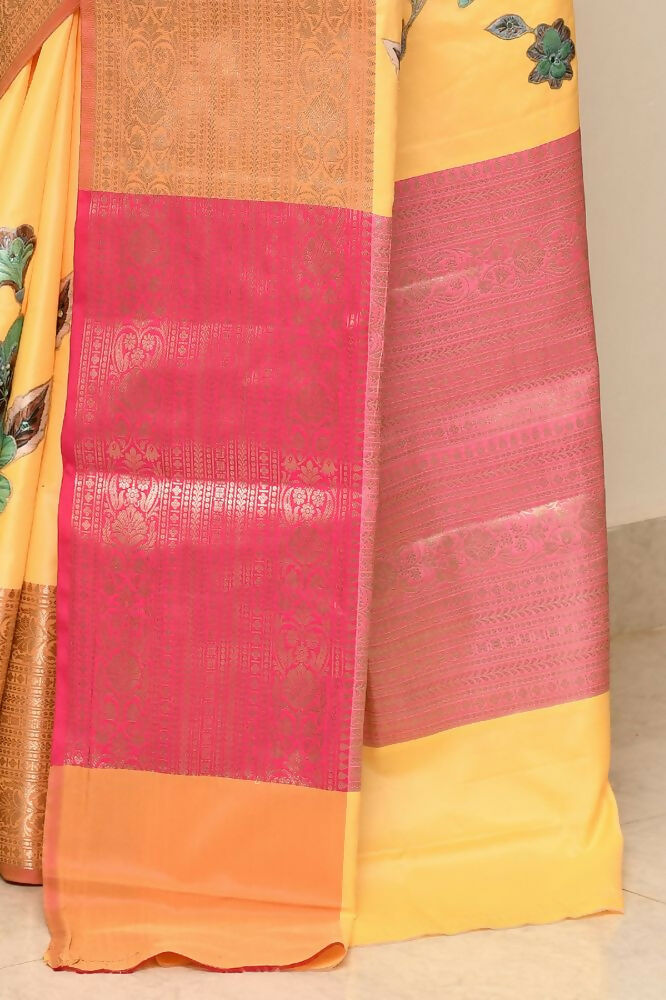 Joban Fashion Yellow Pink Saree Kataan Applick Witch Mirror | Grocsy