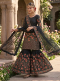 Teeya Creation Black Fendy Silk Heavy Embroidery Work Party Wear Sharara Suit | Grocsy