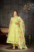 Jyoti Fashion Women's Pista Net Embroidered Anarkali Kurta Pant Set With Dupatta | Grocsy