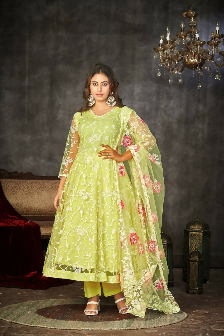 Jyoti Fashion Women's Pista Net Embroidered Anarkali Kurta Pant Set With Dupatta | Grocsy
