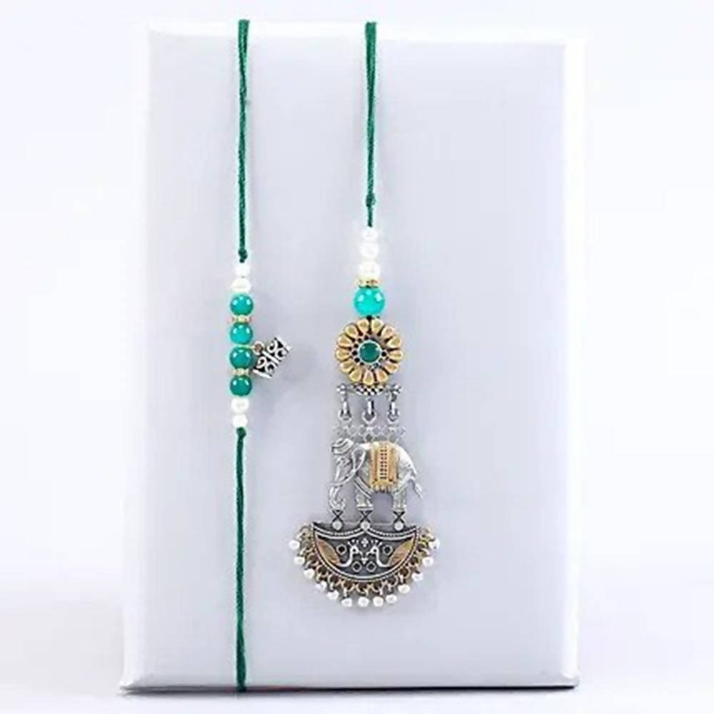 Turquoise Motif Lumba Rakhi Set | Grocsy