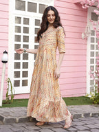 Peach Rayon Foil Printed Long Dress - Michan | Grocsy