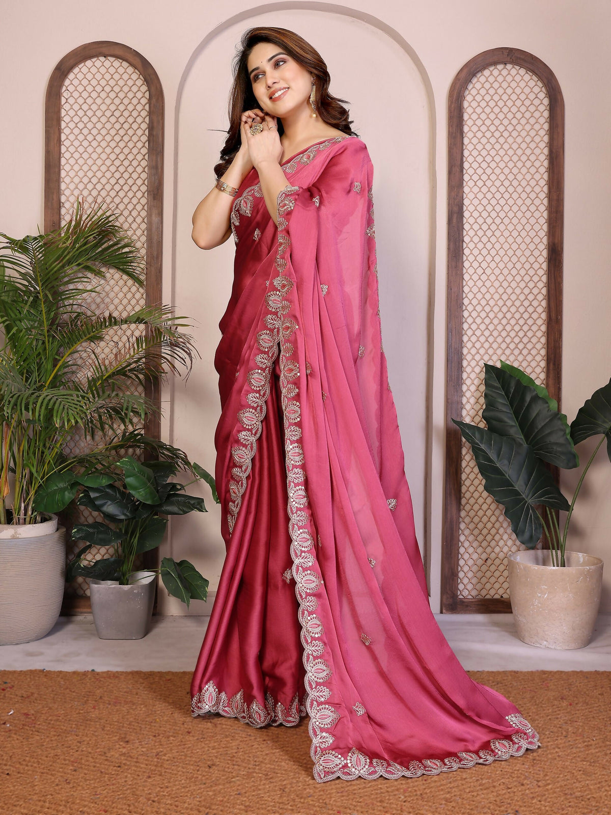 Teeya Creation New Trendy Party Wear Soft Satin Chiffon Saree-Peach | Grocsy
