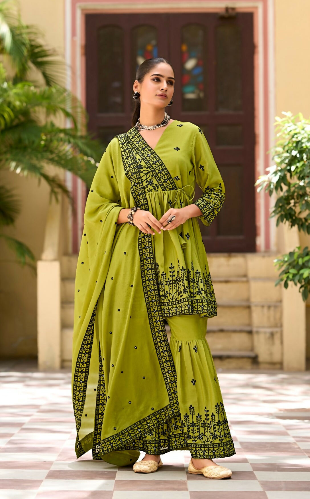 Anaita Mehendi Chinon Readymade Sharara Suit with Embroidery Work | Grocsy