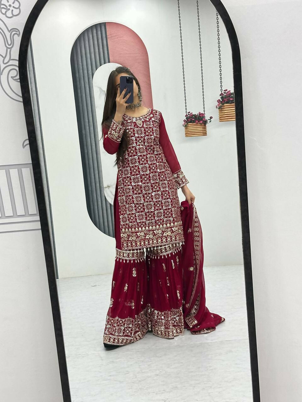 Teeya Creation Womens New Heavy Fox Georgette Fabric With Heavy Embroidery Work Red Kurta Set | Grocsy