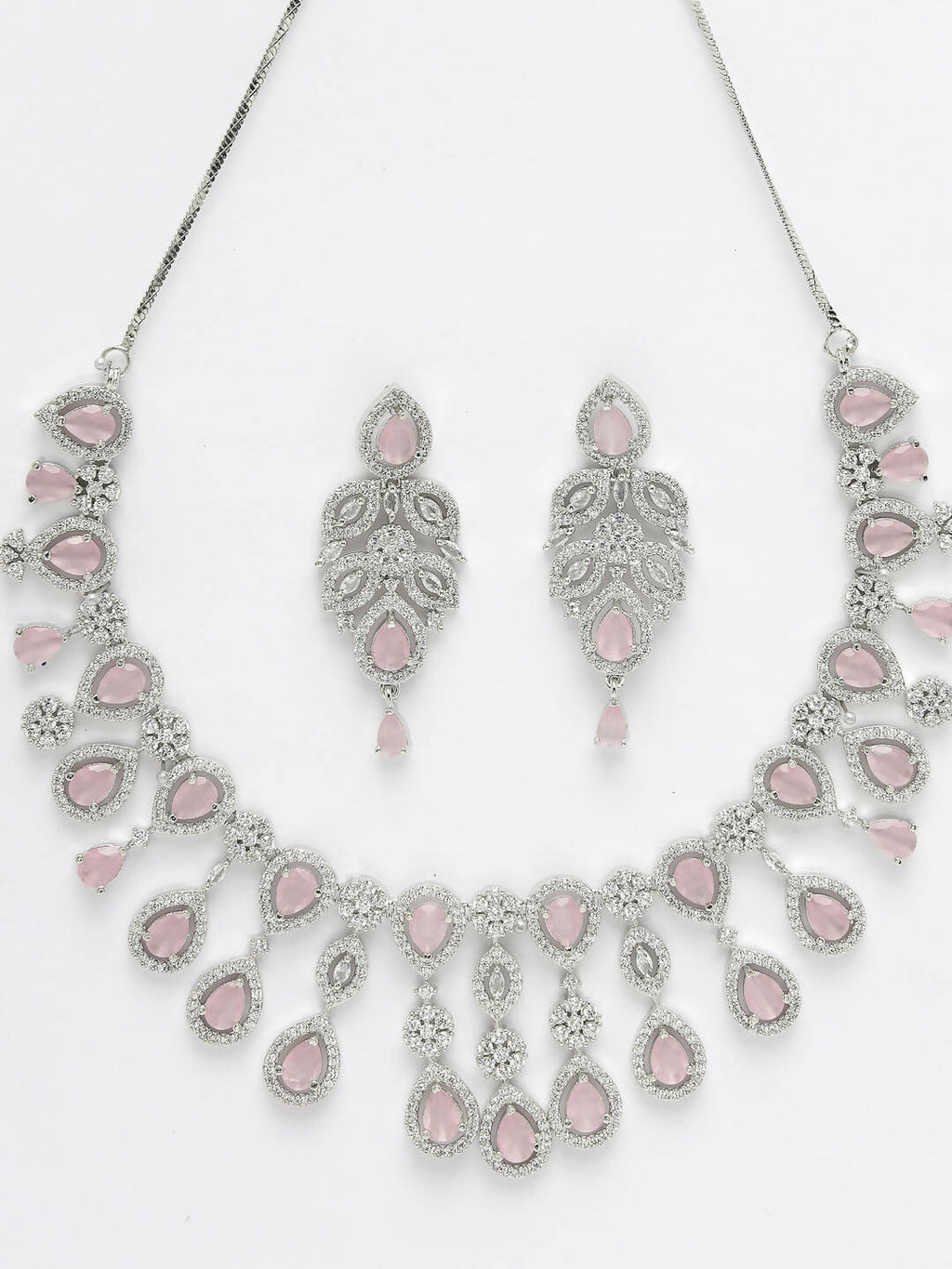 NVR Women Silver Plated & Pink Cz Stone Handcrafted Jewellery Set