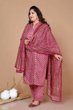 Miravan Women Plus Size Pink Straight Floral Printed Kurta & Palazzo With Dupatta | Grocsy