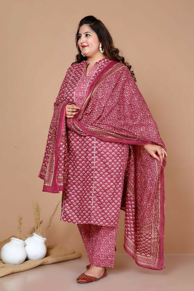 Miravan Women Plus Size Pink Straight Floral Printed Kurta & Palazzo With Dupatta | Grocsy
