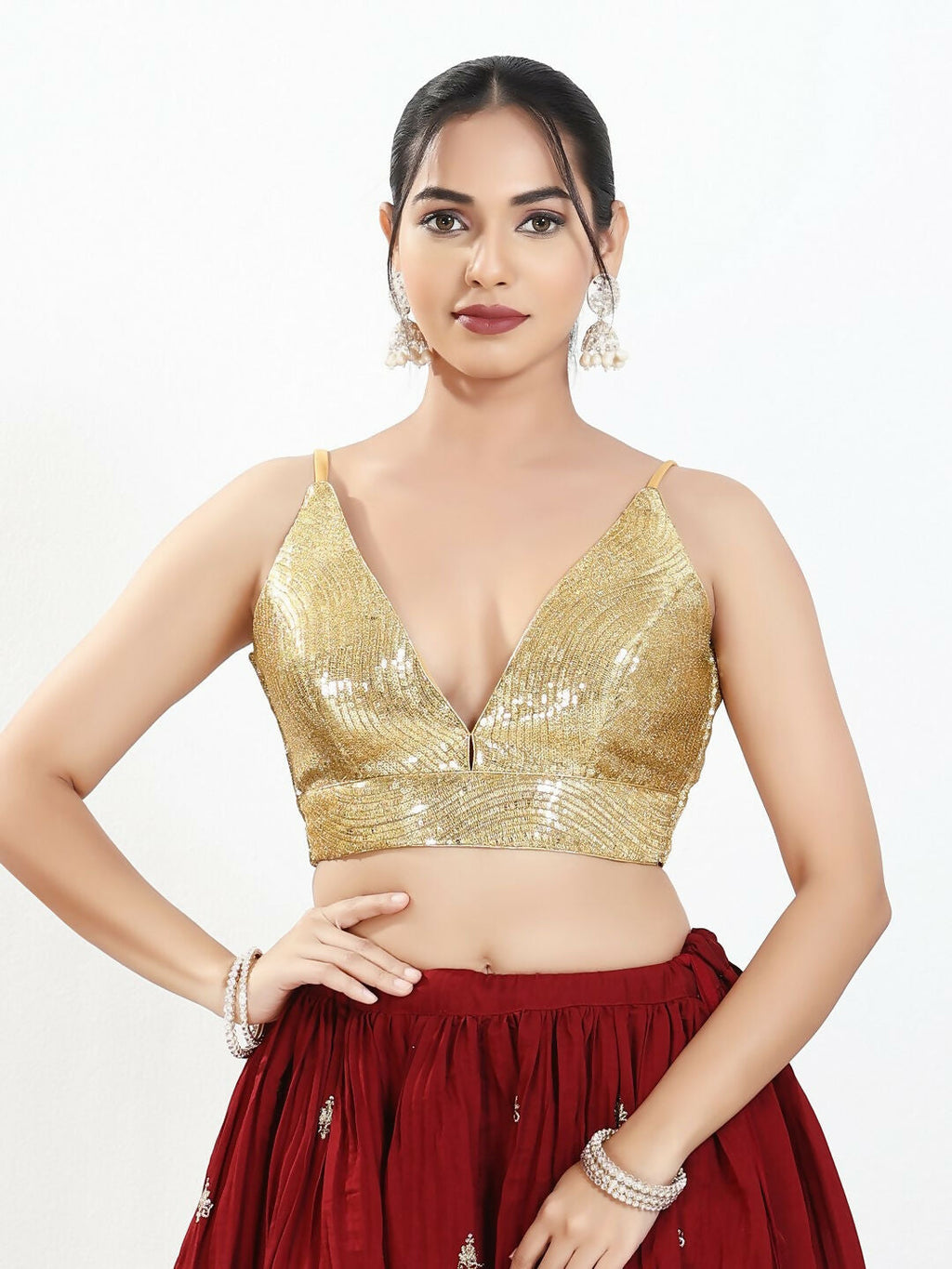 Joban Fashion Gold Sequins Padded Blouse With V Neck Sleeveless | Grocsy