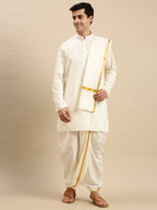 Ramraj Cotton Premium Wedding Cream Readymade Panchakacham,Kurta & Towel Set RP Jari | Grocsy