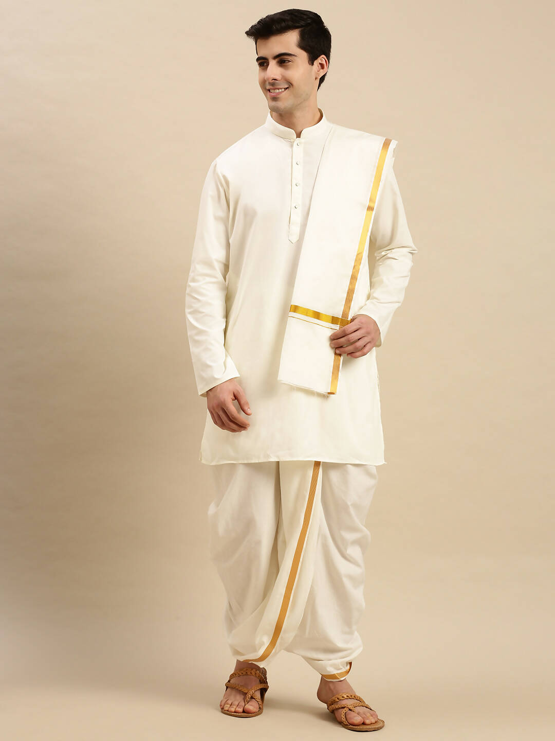Ramraj Cotton Premium Wedding Cream Readymade Panchakacham,Kurta & Towel Set RP Jari | Grocsy