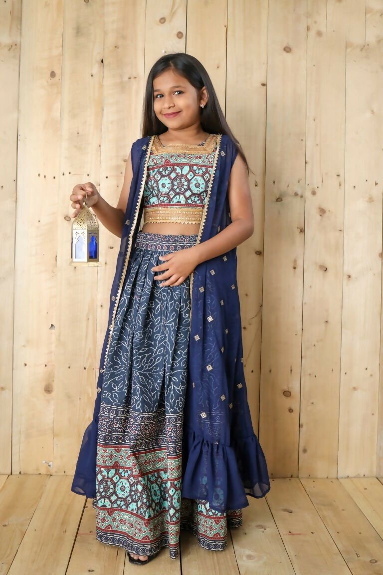 Aayaa Designer Printed Silk Embroidery Kids Lehenga Choli - Blue | Grocsy
