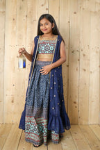 Aayaa Designer Printed Silk Embroidery Kids Lehenga Choli - Blue | Grocsy