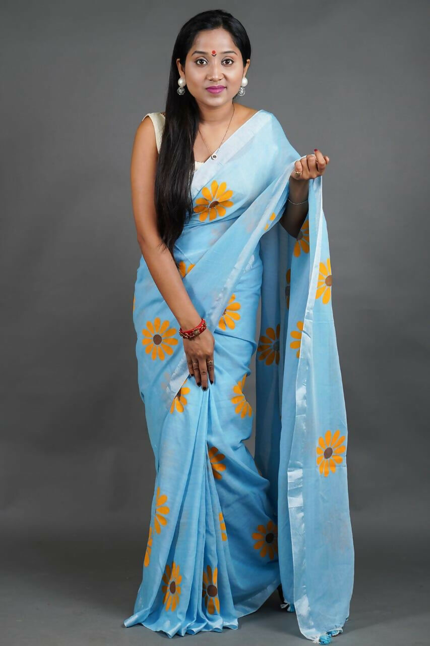 Exclusive Collection Sky Pure Cotton Saree With Sunflower Design | Grocsy
