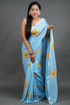 Exclusive Collection Sky Pure Cotton Saree With Sunflower Design | Grocsy