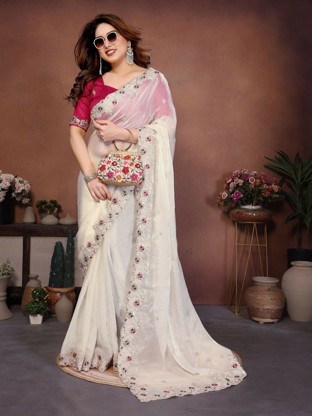 Teeya Creation New Womens Latest Party Wear Soft Chiffon Silk Saree-White | Grocsy