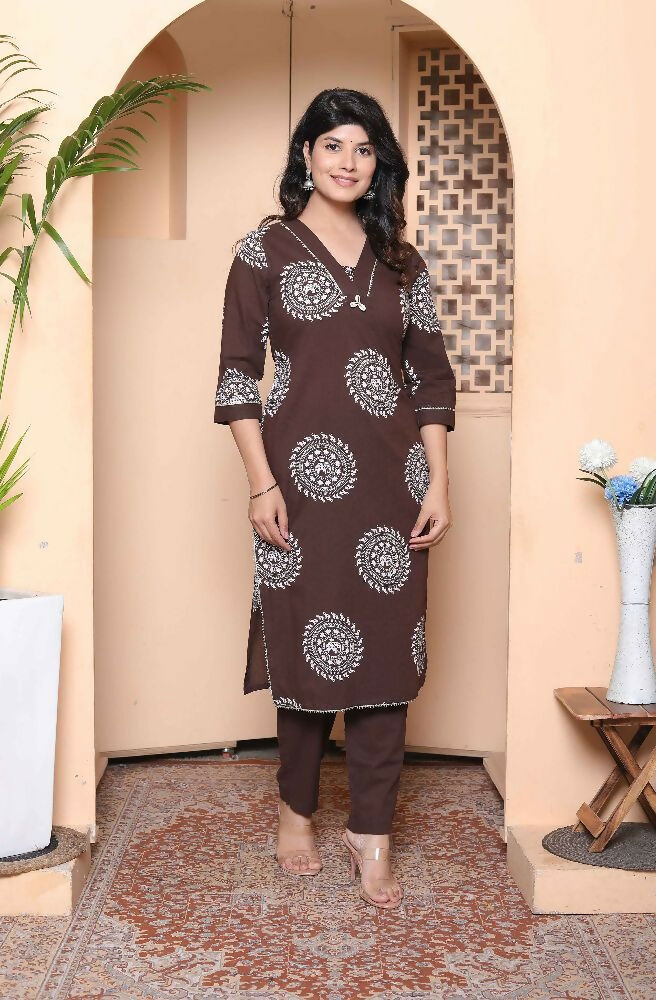 Miravan Womens Brown Animal Printed Kurta With Palazzo | Grocsy