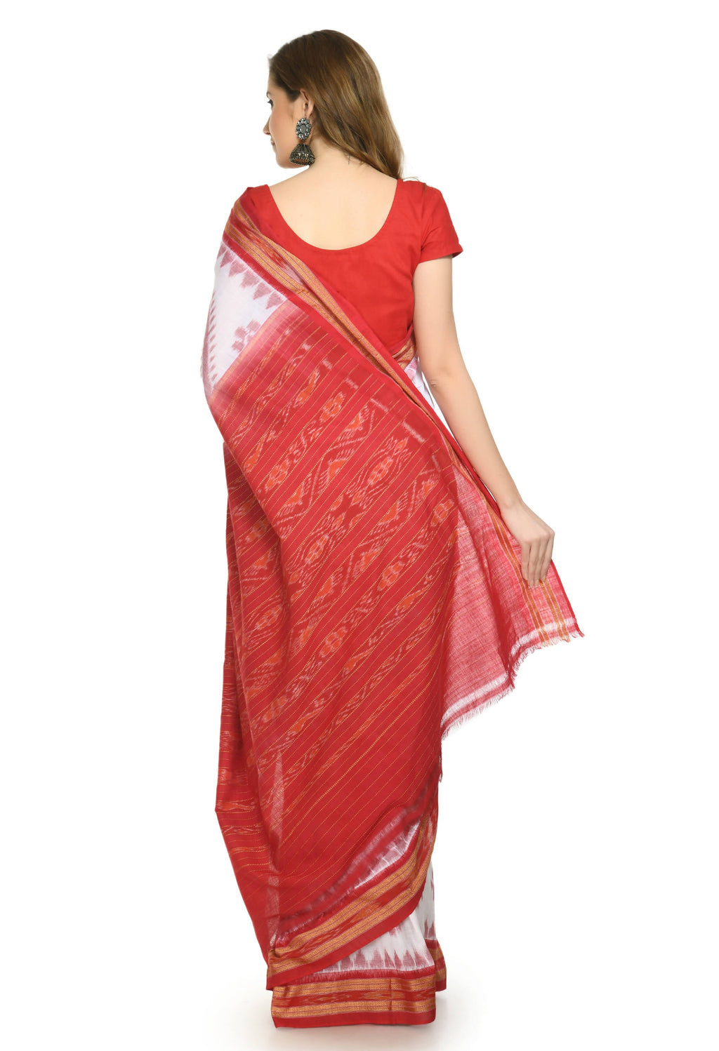 Vamika Sambalpuri Ikat Cotton Dehabandha Badafula White & Red Saree | Grocsy