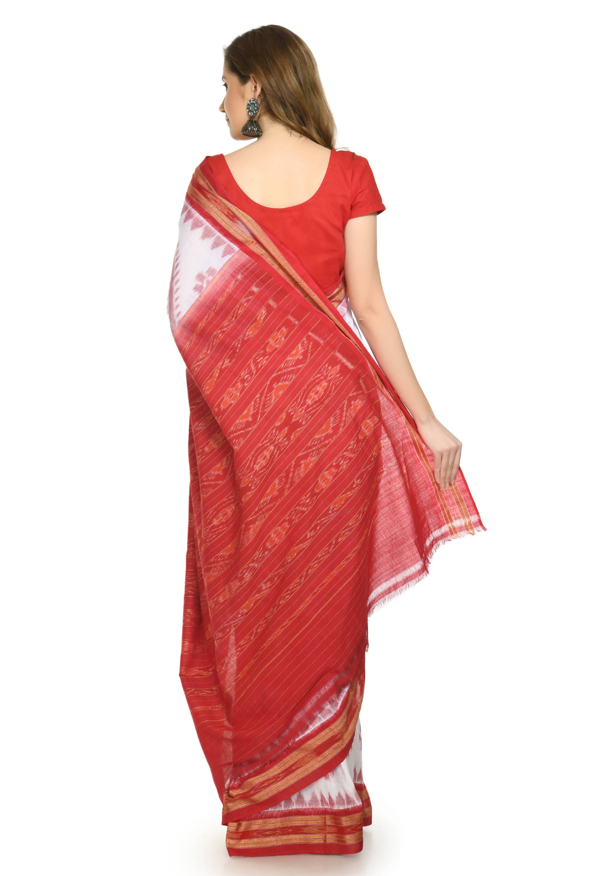 Vamika Sambalpuri Ikat Cotton Dehabandha Badafula White & Red Saree | Grocsy