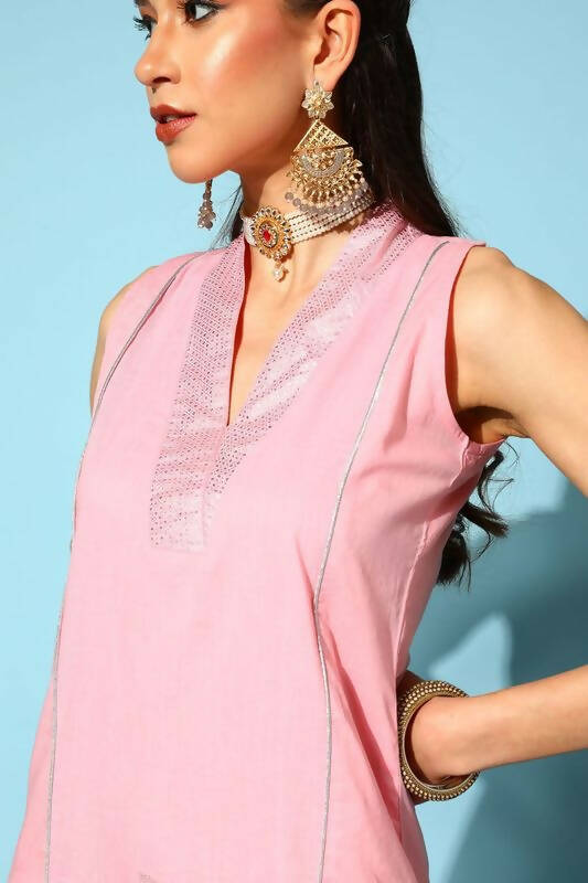 Ahalyaa Women Pink Colour Cotton Silver Foil Printed Kurta Pant Set | Grocsy