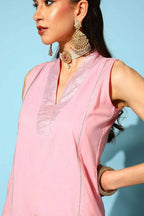 Ahalyaa Women Pink Colour Cotton Silver Foil Printed Kurta Pant Set | Grocsy