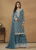 Radiant Teal Embroidered Wedding Festive Gharara Suit - Emponline | Grocsy