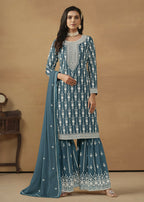 Radiant Teal Embroidered Wedding Festive Gharara Suit - Emponline | Grocsy