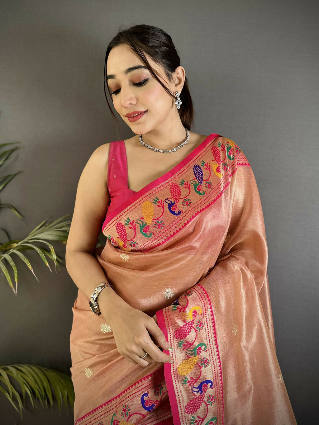 Joban Fashion Dark Peach Zari Weaving Tissue Paithani Saree | Grocsy