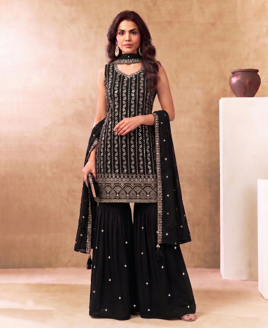 KC Latest Cocktail Wear Black Chinon Sharara Suit For Women | Grocsy