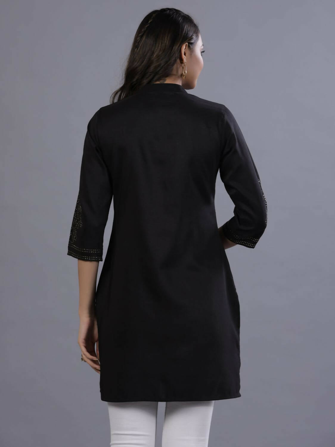 Juniper Women Black Chinon Silk Mukesh Work Straight Tunic | Grocsy