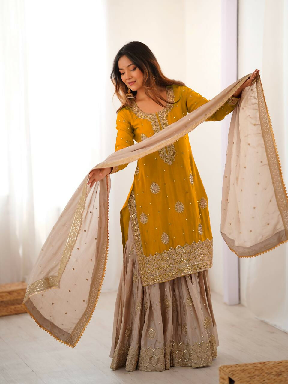 Lehenga Mart Designer Sharara Suit With Kurta, Sharara, Dupatta For Women-Yellow | Grocsy