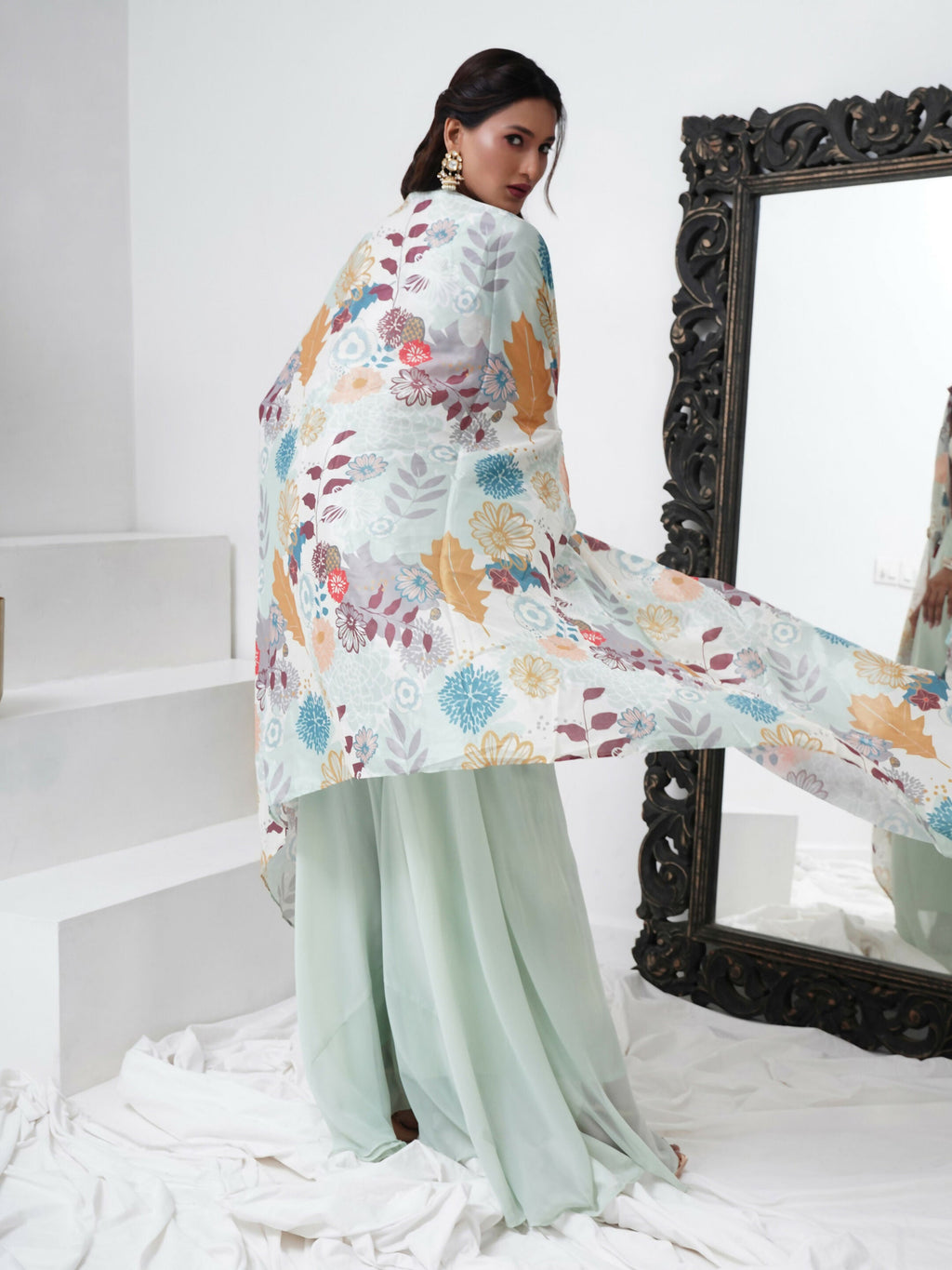Sea Green Digital Chinon Handwork Top with Palazzo & Shrug - Naomika | Grocsy