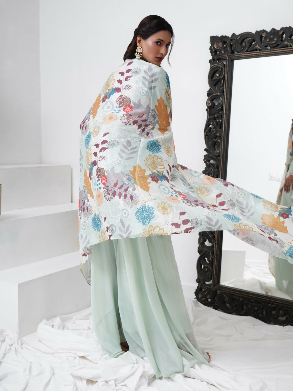 Sea Green Digital Chinon Handwork Top with Palazzo & Shrug - Naomika | Grocsy