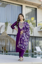 The52 Women's Gorgeous Embroidery Work Chanderi Cotton Fabric Straight Kurta Pant and Dupatta Set-Purple | Grocsy