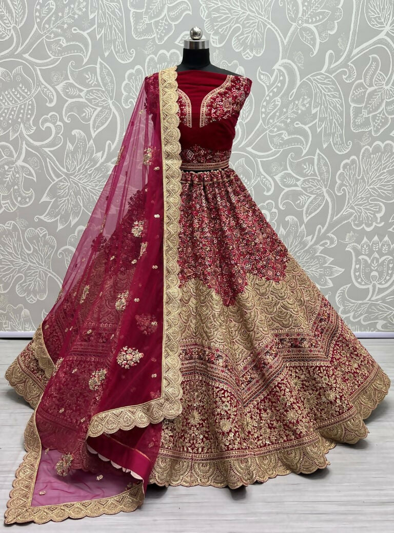 Jyoti Fashion Women's Rani Pink Velvet Fancy Dori & Sequins Multi Thread Embroidered with Diamond Work Wedding Lehenga Choli | Grocsy