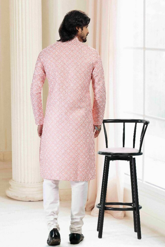 Raivat Ethnic Cotton Thread Work Kurta Pajama In Peach Colour | Grocsy