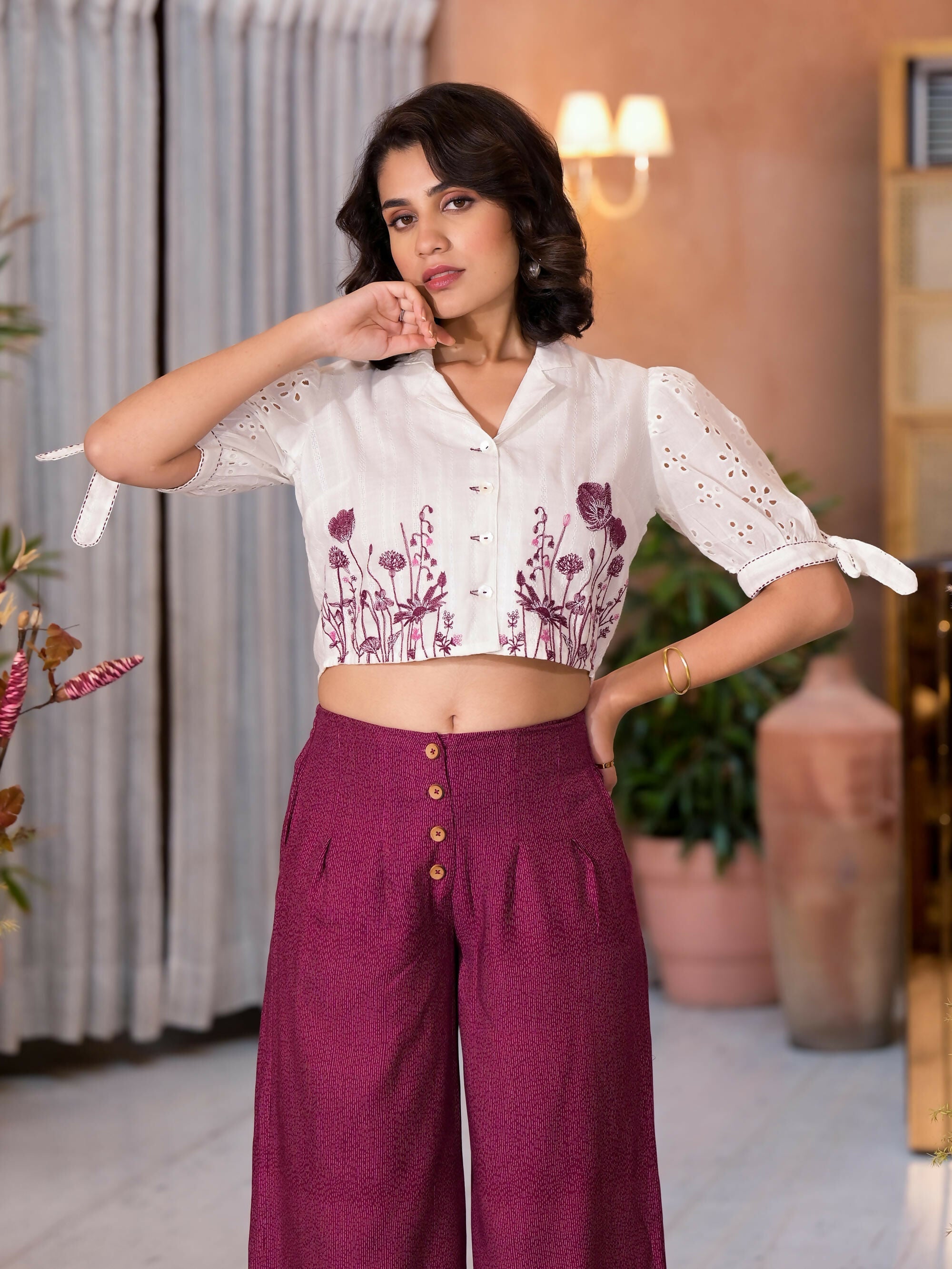 Juniper Women's Wine Thread Embroidered Cotton Shirt Crop Top & Pant Co-Ord Set With Buttons & Tie-ups | Grocsy
